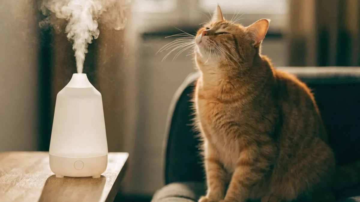 Essential oil diffuser on shelf with a cat sitting nearby on a couch