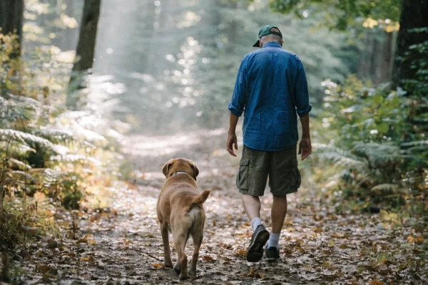 Labrador retriever walking on forest trail with owner, representing exercise for joint health management in dogs