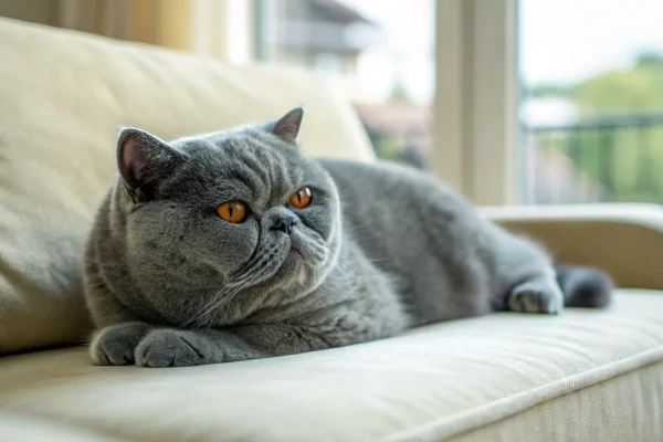 Blue Exotic Shorthair cat resting on a cream sofa cushion in soft window light
