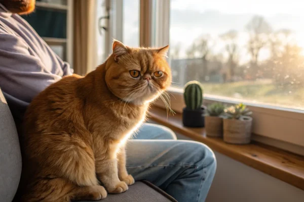 Orange tabby Exotic Shorthair cat resting calmly in someone's lap in warm afternoon light