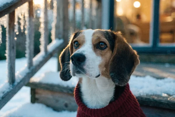 Beagle in a winter sweater sitting on snowy porch steps