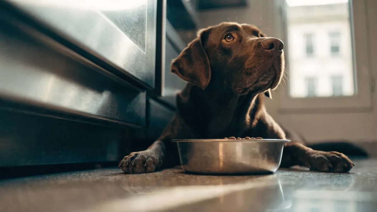Chocolate Labrador sitting attentively beside a food bowl in a home kitchen