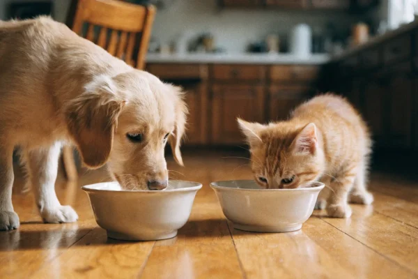 Golden retriever puppy and orange tabby kitten eating from separate bowls on a hardwood floor