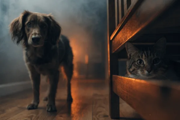 A frightened cat hides under furniture while a dog stands anxiously in a smoke-filled home during a fire emergency.
