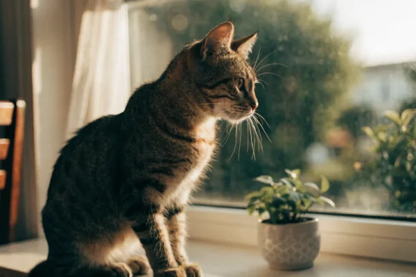 Cat sitting on a windowsill looking out the window in warm afternoon light