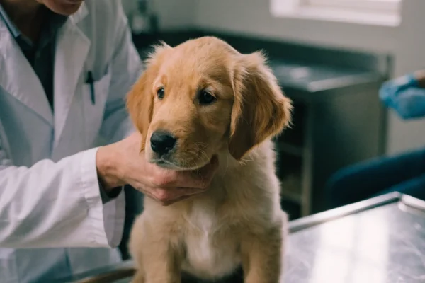 Veterinarian examining a young golden retriever puppy during first wellness checkup