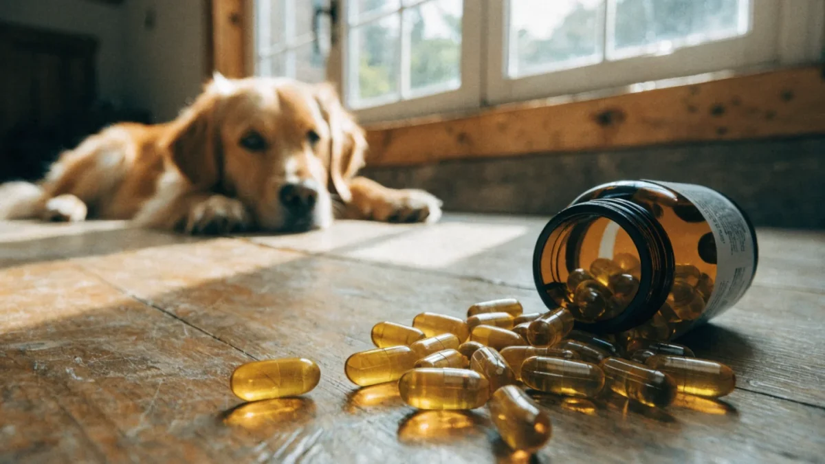 Fish oil capsules on a wooden surface with a golden retriever in background