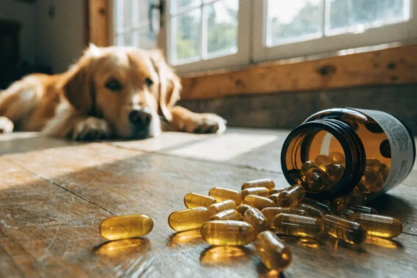Fish oil capsules on a wooden surface with a golden retriever in background