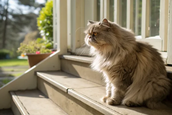 Traditional doll-face Persian cat sitting on a sunlit porch step