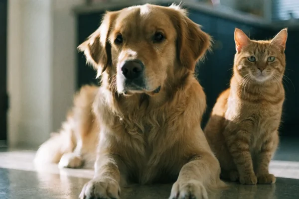 Golden retriever and tabby cat sitting together in a kitchen
