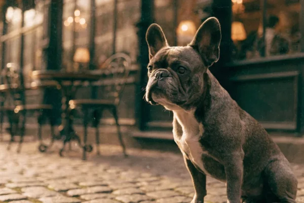 French Bulldog sitting on cobblestones outside a Parisian café in warm golden light