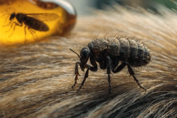 A close-up view of a modern flea on pet fur, illustrating the ancient evolutionary history of these resilient parasites.