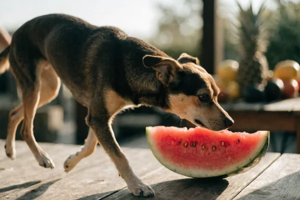 Small dog sniffing a slice of watermelon on outdoor wooden table