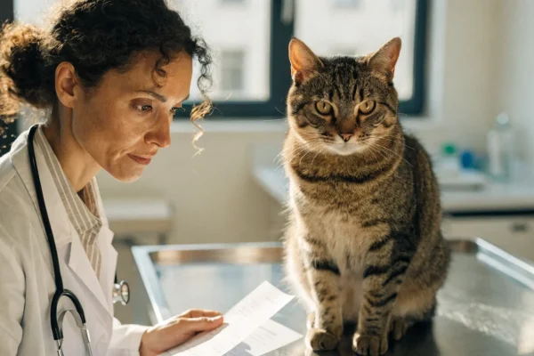 Veterinarian reviewing geriatric blood panel results with senior cat — routine bloodwork catches disease before symptoms develop