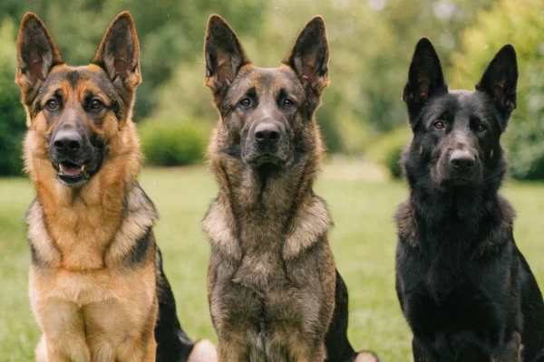 Three german shepherds sitting together showing black and tan, sable, and solid black coat color variations