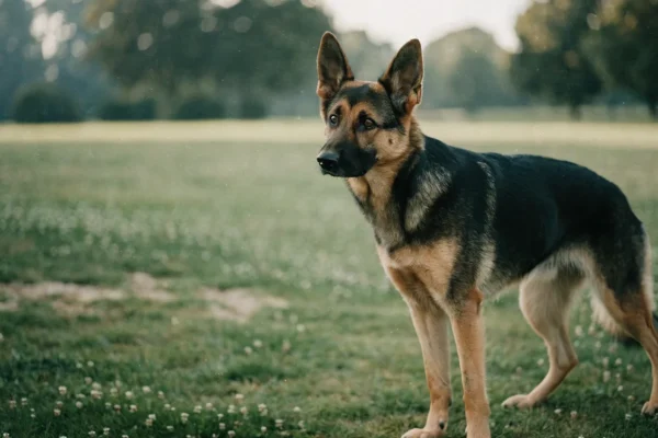 Black and tan German Shepherd standing alert in a grassy park under soft daylight