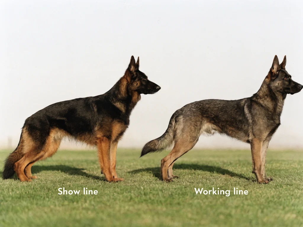 Show line german shepherd and working line german shepherd standing side by side showing structural differences