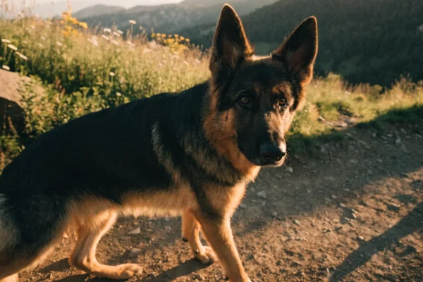 Black and tan german shepherd standing alert on a hillside trail surrounded by wildflowers at golden hour