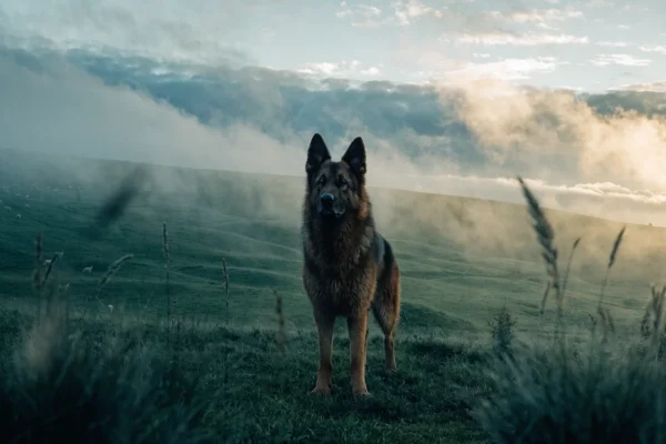 Sable german shepherd standing in a misty European hillside meadow at dawn with rolling green hills in the background