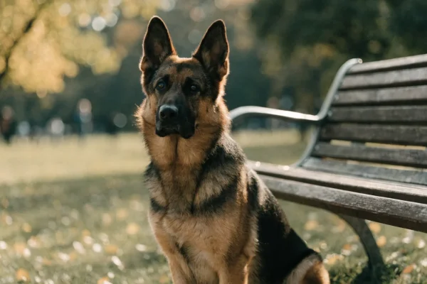 German shepherd sitting attentively in an autumn park with ears perked forward and golden leaves on the ground
