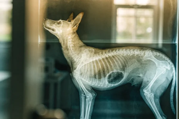 Veterinary abdominal X-ray on a light box showing a foreign body obstruction in a dog's GI tract