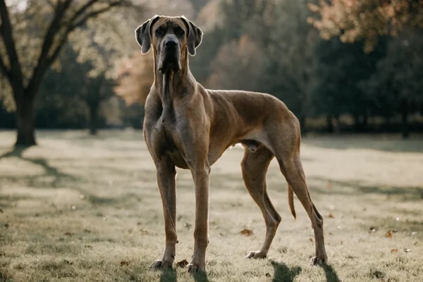 Great Dane standing in a park at golden hour showing the breed's massive frame