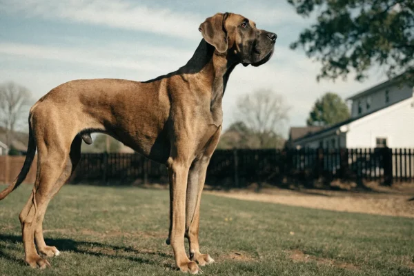 Adult Great Dane standing in a backyard, illustrating the impressive size of giant dog breeds