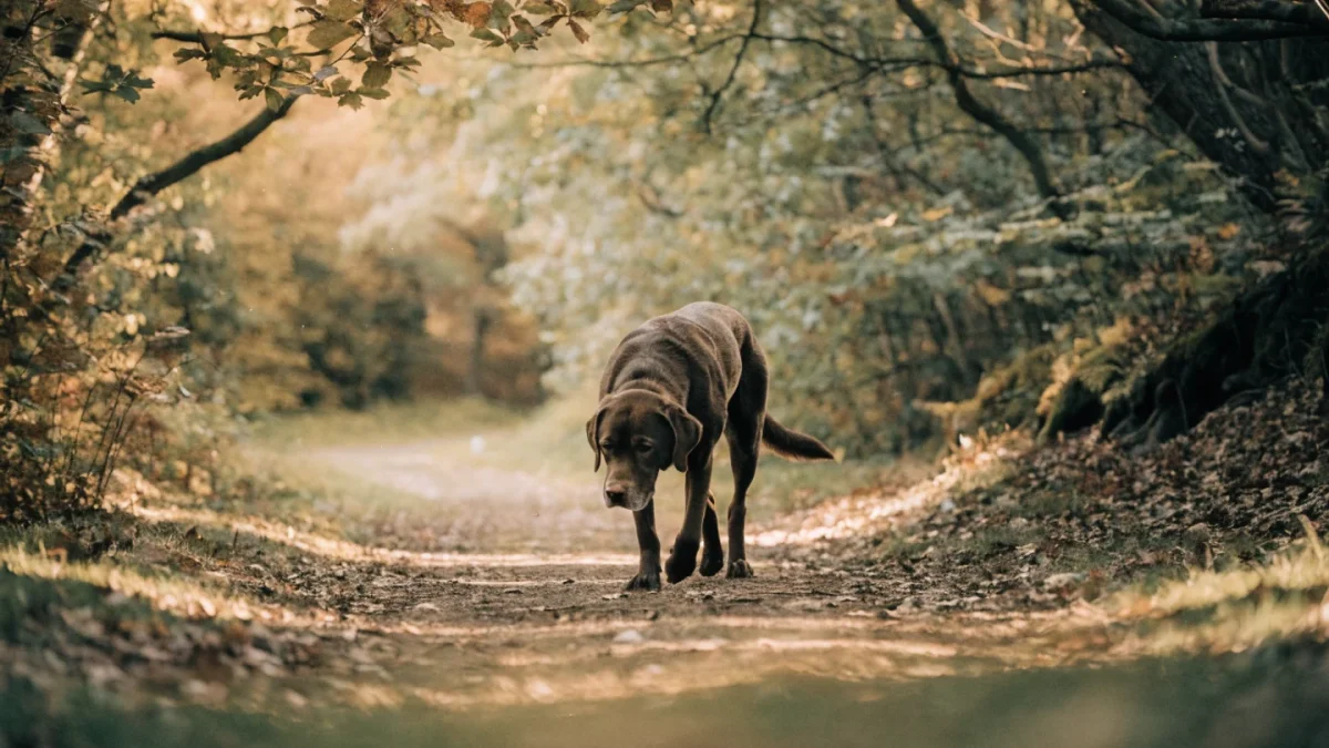 Senior Labrador retriever walking outdoors, illustrating joint health considerations for older dogs