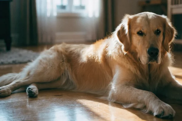 Golden retriever with a serious expression lying on a hardwood floor looking directly at the camera