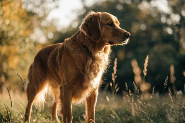 Golden retriever standing in a sunlit meadow during autumn with warm golden-hour lighting