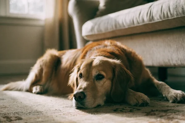 Golden retriever resting on a living room rug with alert eyes and warm natural window light