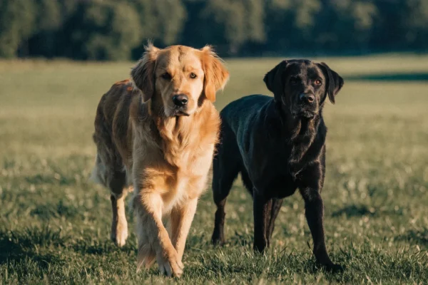 Golden Retriever and Labrador Retriever walking together through a sunny field