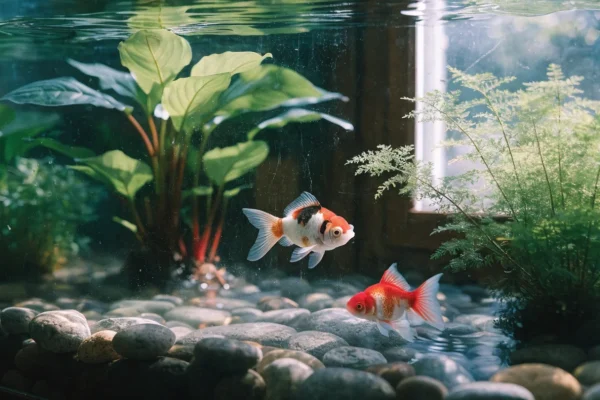 Two fancy goldfish swimming in a planted aquarium with natural lighting