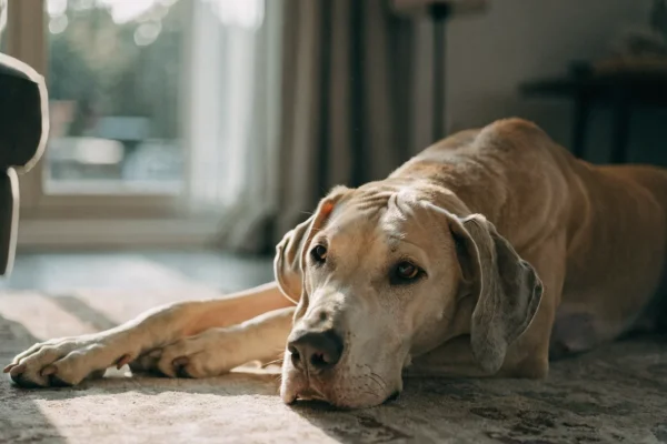 Fawn Great Dane lying relaxed on a living room rug