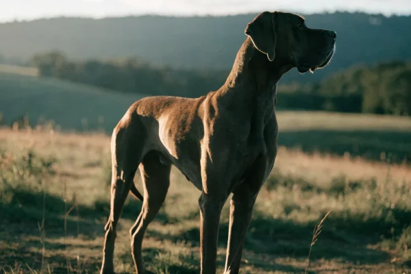 Fawn Great Dane standing in an open field during golden hour with rolling green hills in the background