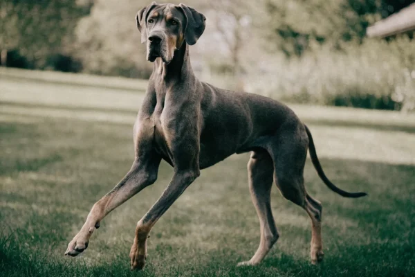 Great Dane trotting across a spacious grassy yard