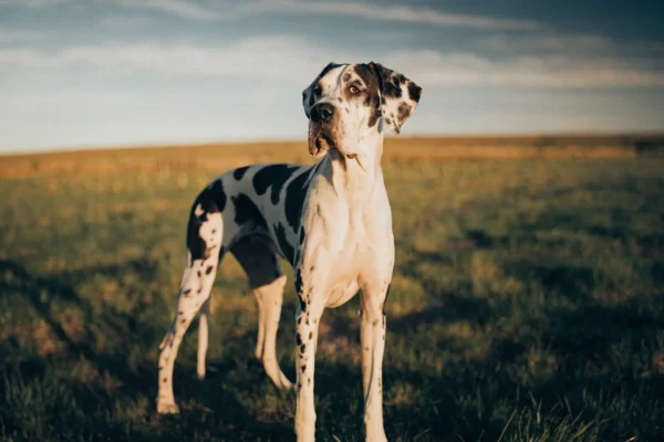 Harlequin Great Dane with black patches standing in an open field