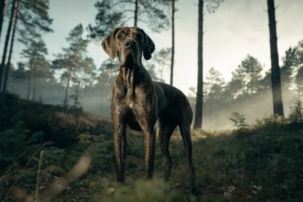 Brindle Great Dane standing in a misty European forest clearing at dawn with tall pine trees in the background