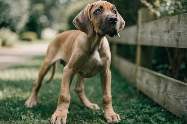 Fawn Great Dane puppy standing on a grassy lawn beside a wooden fence