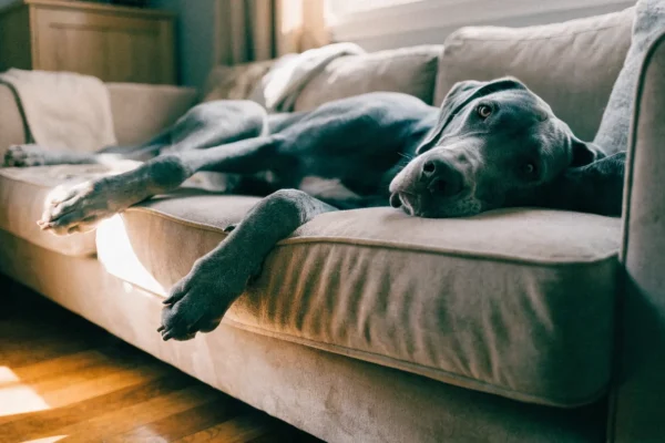Blue Great Dane resting its head on a person's lap while lying on a sofa in a warmly lit living room