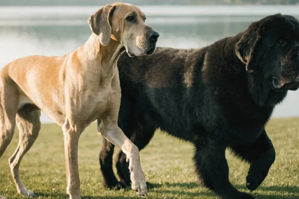 Great Dane and Newfoundland standing side by side beside a lake