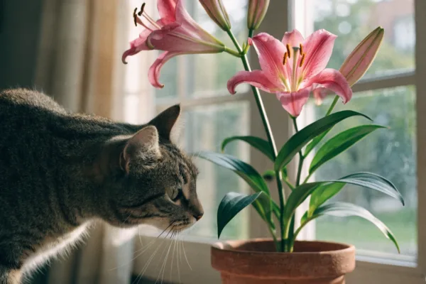 A curious tabby cat sniffs a beautiful but highly toxic true lily plant on a sunny windowsill.