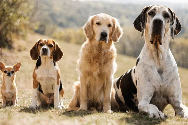 Chihuahua, Beagle, Golden Retriever, and Great Dane sitting in a row showing size range