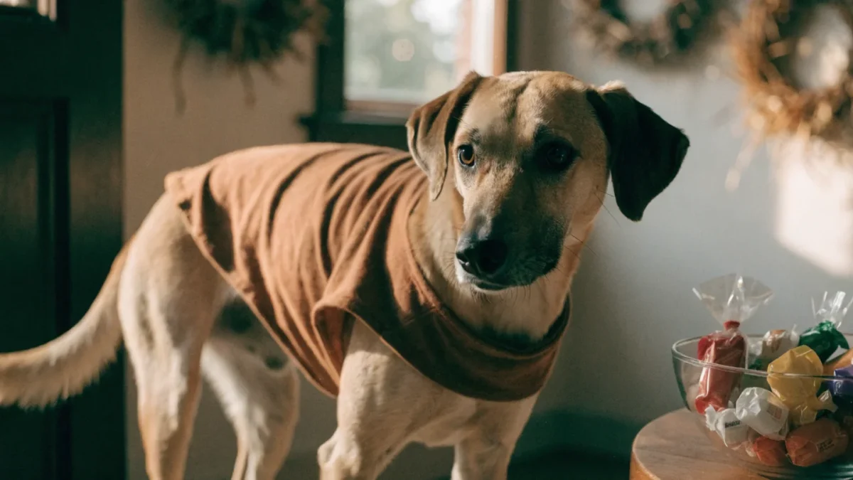 Calm dog in Halloween costume indoors with candy bowl safely out of reach