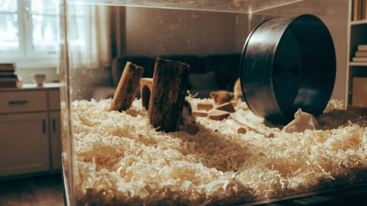 Spacious hamster enclosure with deep paper bedding, a solid running wheel, wooden hideouts, and enrichment items