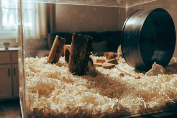 Spacious hamster enclosure with deep paper bedding, a solid running wheel, wooden hideouts, and enrichment items