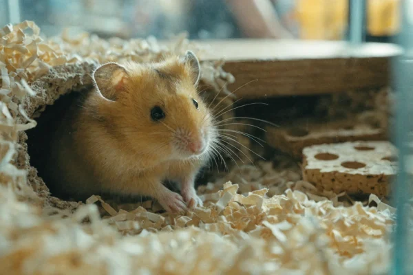 Golden Syrian hamster emerging from a burrow in deep paper bedding inside a glass enclosure
