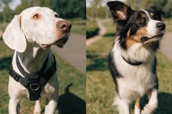 Two dogs walking — one in a harness, one with a collar — comparing walking equipment