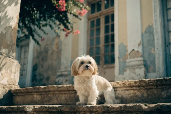 White and cream Havanese sitting on stone steps of a colonial building with pastel walls and bougainvillea