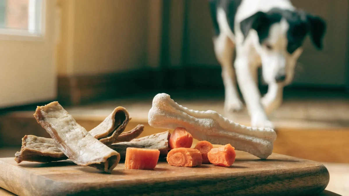 Assortment of dog treat options including dried meat, vegetables, and dental chew on wooden board